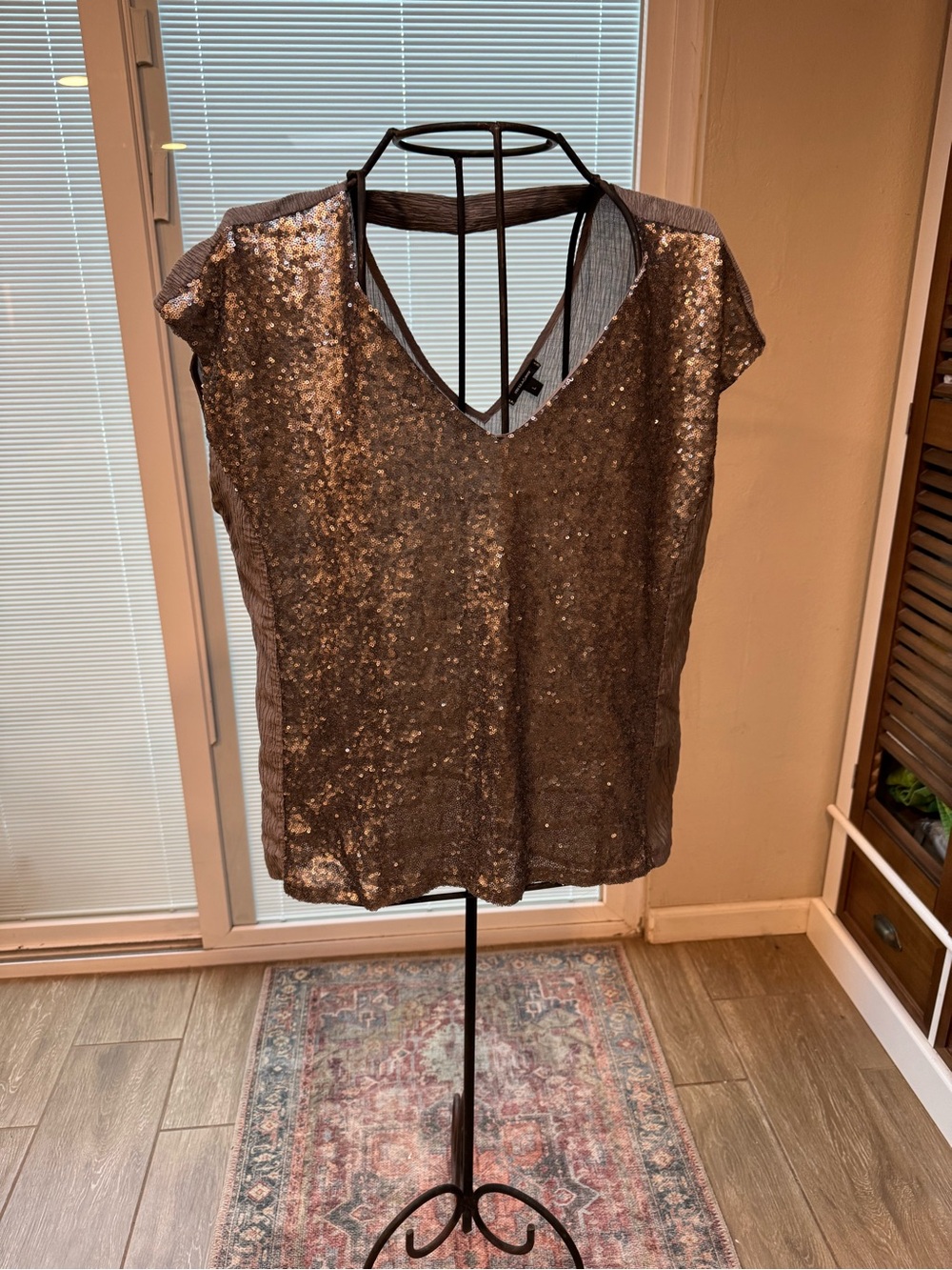 Stella & Dot Silver Sequin V-Neck Cap Sleeve Top